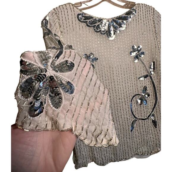 Vintage 60s Ivory Sequin Floral Beaded Silk Top Sz M 3/4 Sleeve Scalloped Beaded - Picture 5 of 16